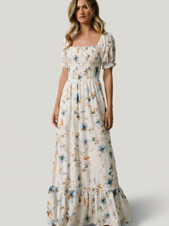 Baltic Born Dresses & Skirts - Baltic Born Cream Floral Smocked Maxi Dress with Blue & Tan Accents